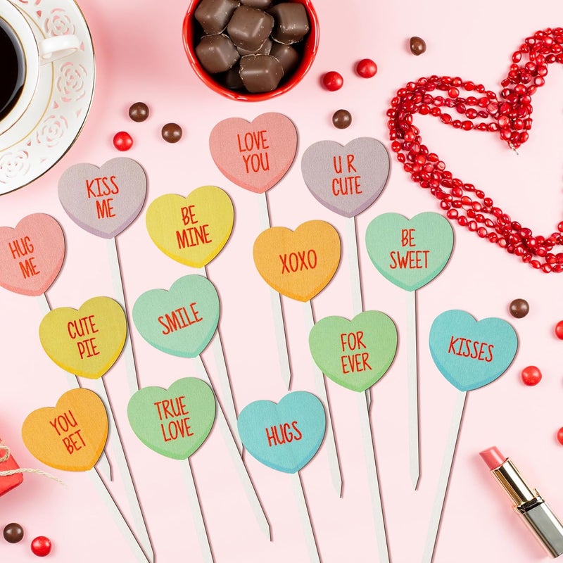 TICIAGA Valentines Wooden Decorative Picks - 14PCS Valentine’s Day Double-Sided Wooden Heart Picks with Words Romantic Farmhouse Decor Colorful Floral Holiday Decorations for Home Vase Filler - Image 3
